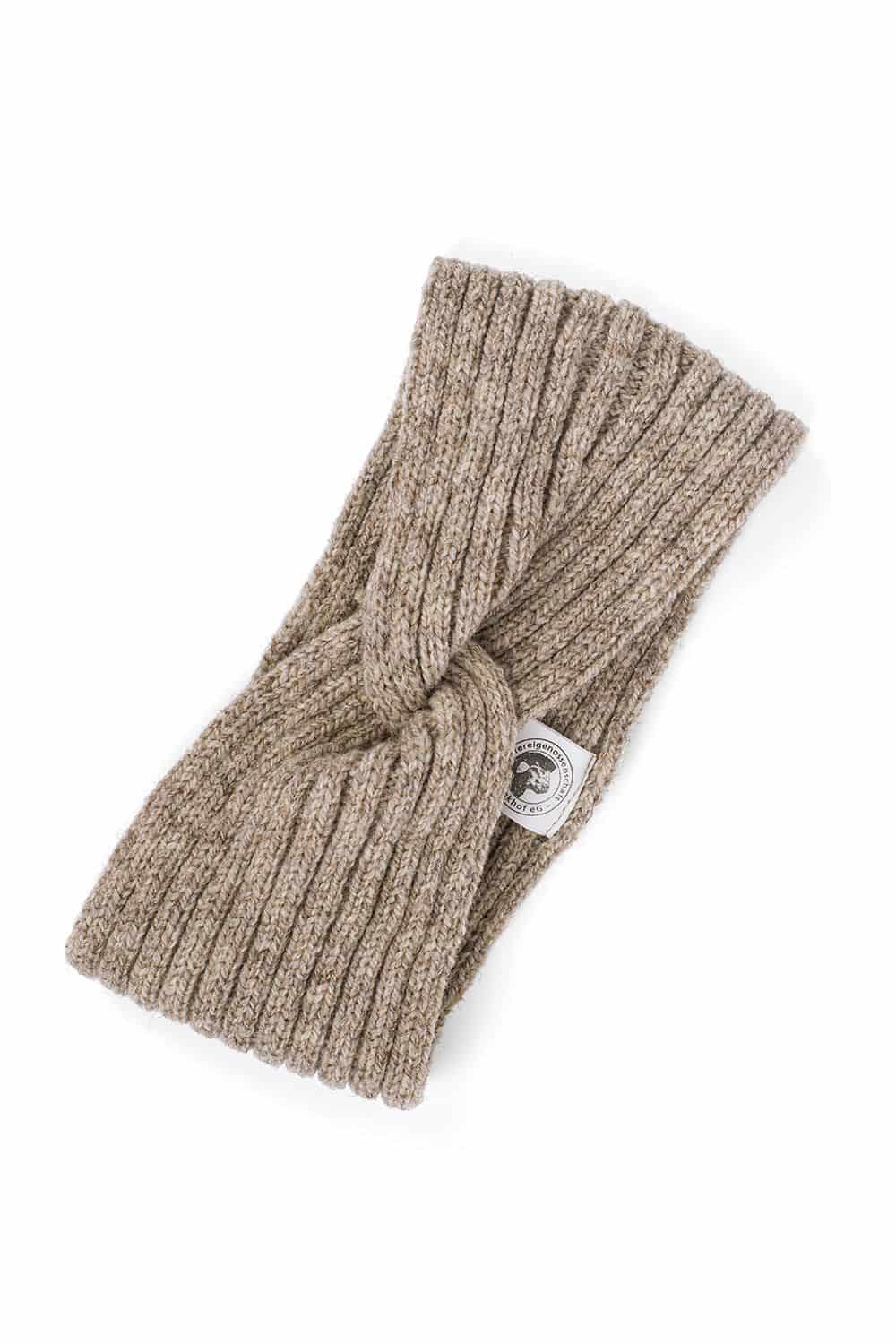 graues Stirnband mit Twist vom Finkhof aus bio Wolle (kbT), Freisteller