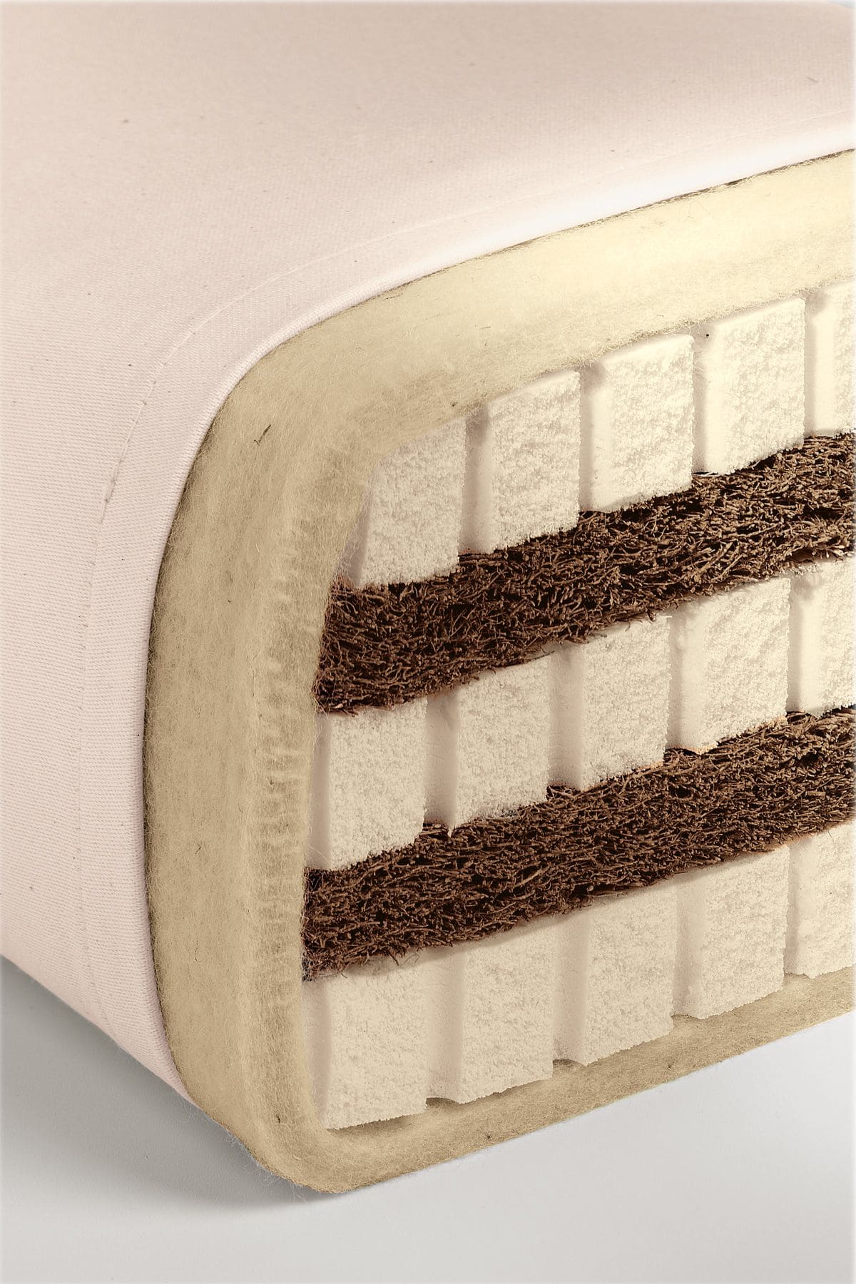 Sandwich-Matratze, mittel bis fest Querschnitt von der Finkhof Sandwichmatratze aus bio Wolle (kbT), Kokos, Naturkautschuk, bio Baumwolle (kbA)