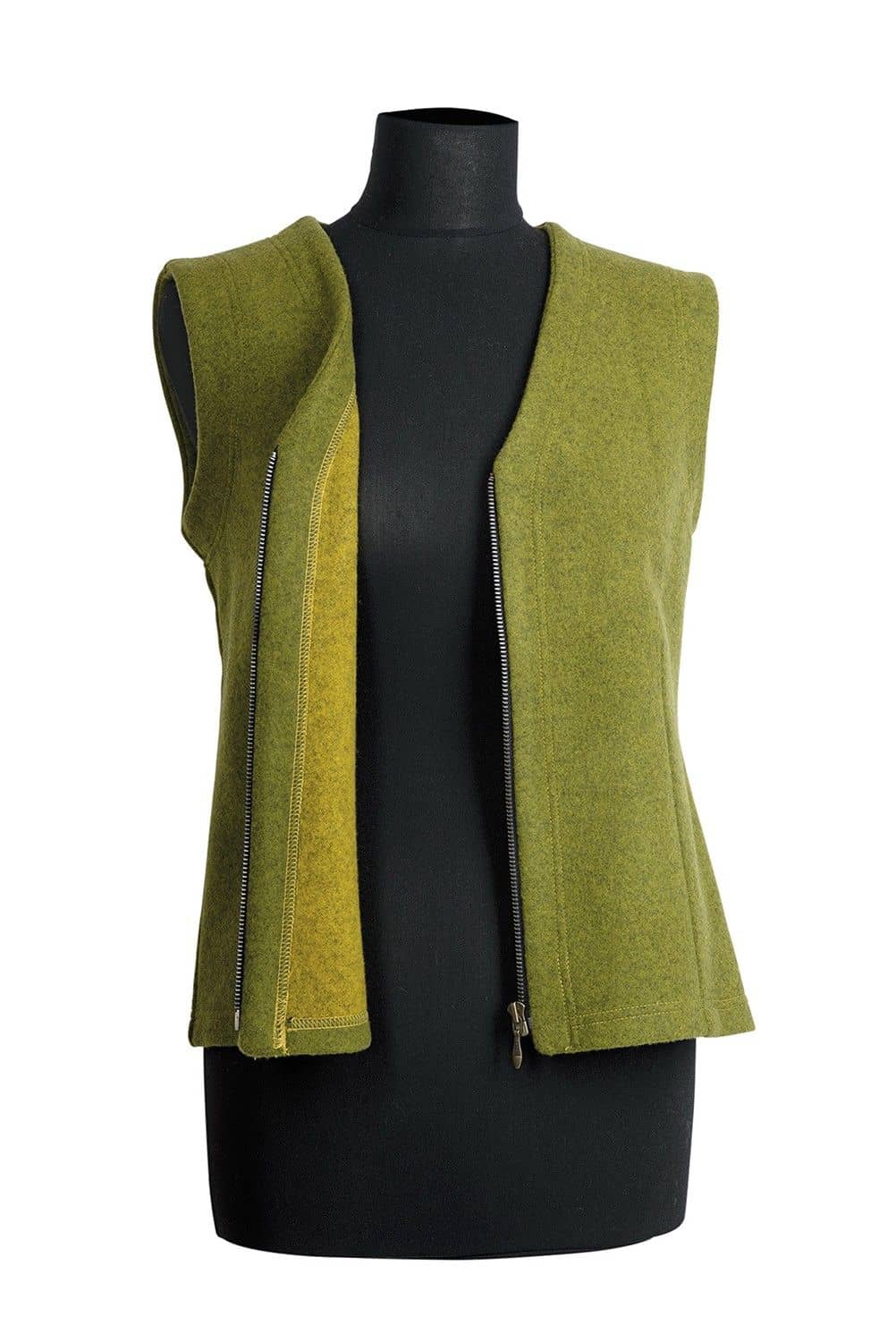 grüne ärmellose Weste mit Reißverschluss an einer Schneiderpuppe als Beispiel für Web Doubleface