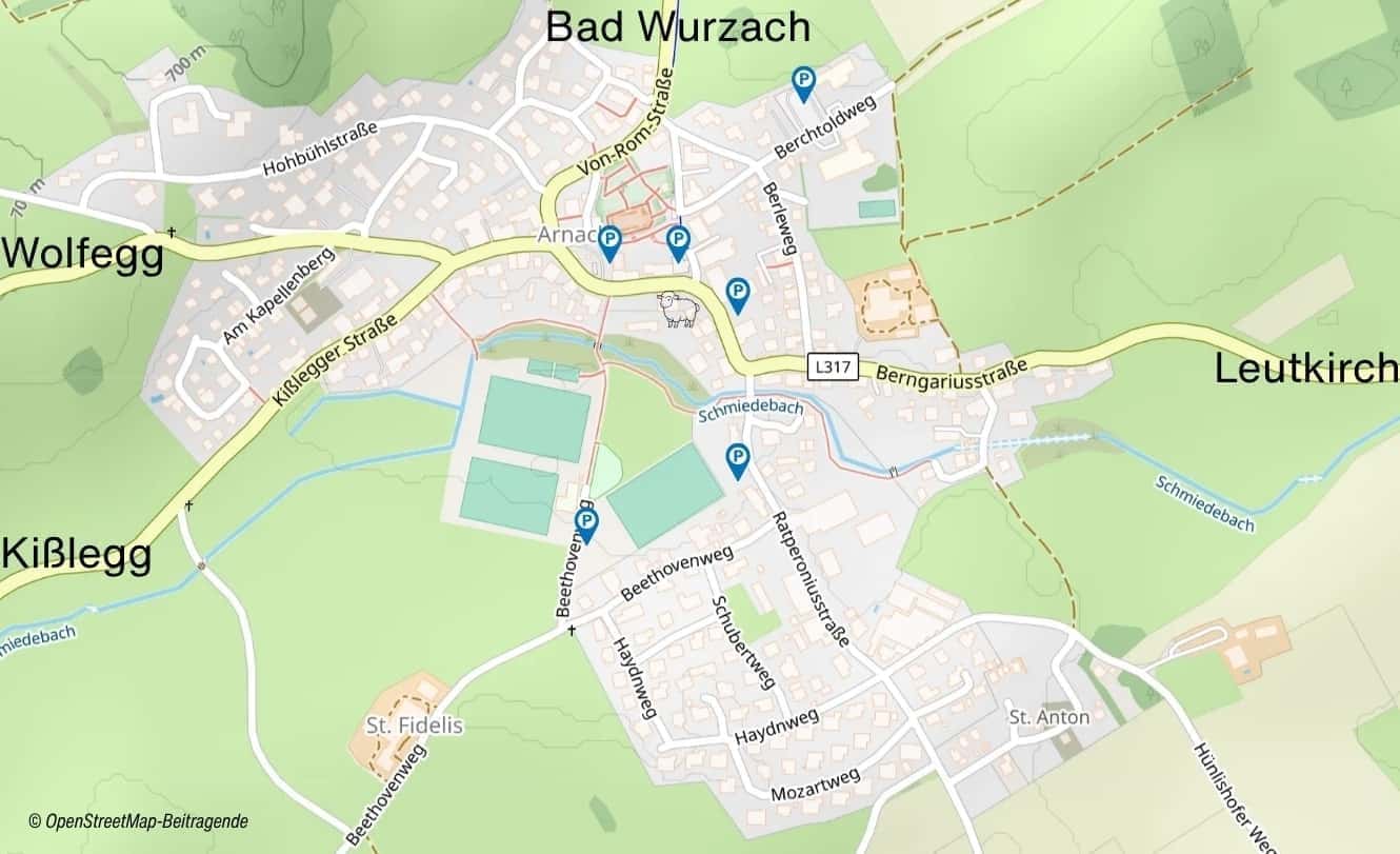 finkhof-lagerverkauf-parkplaetze Kartenansicht von Bad Wurzach und Arnach mit Parkplätzen für den Lagerverkauf