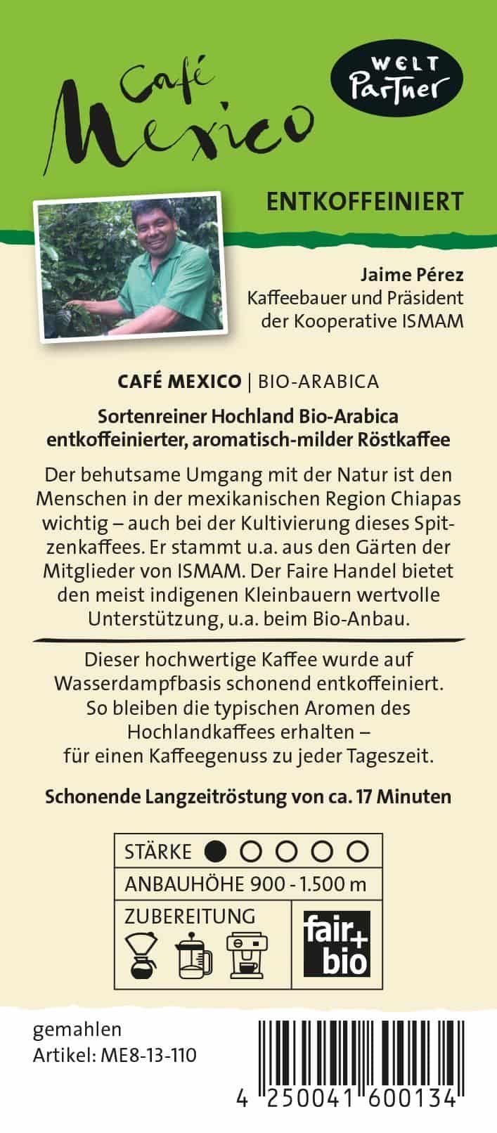 Etikett der Rückseite der Verpackung vom koffeinfreien Cafe Mexico von WeltPartner