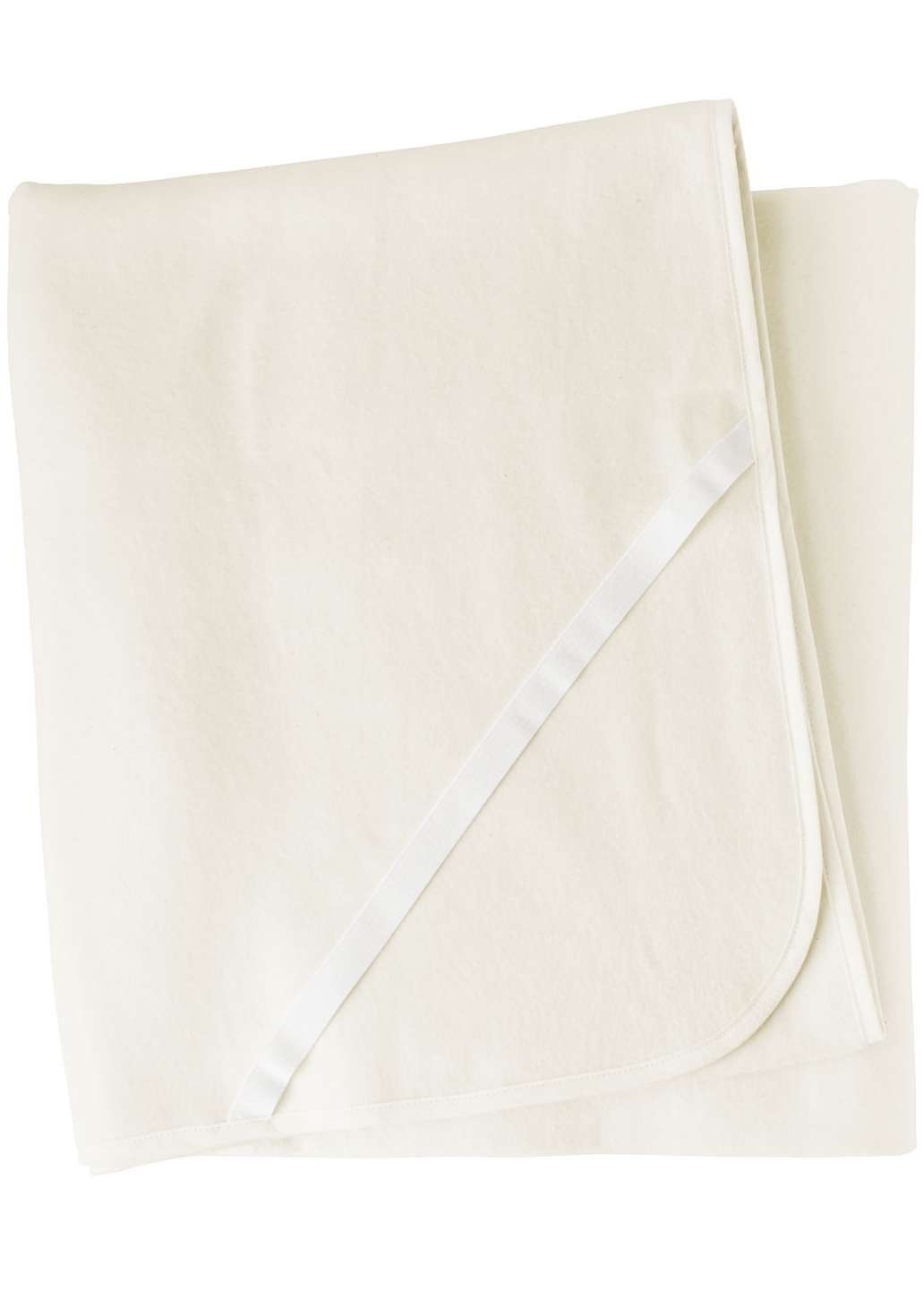 zusammengelegte weiße Moltonauflage aus bio Baumwolle (kbA) mit 160x200cm und Gummi an der Ecke zur Befestigung