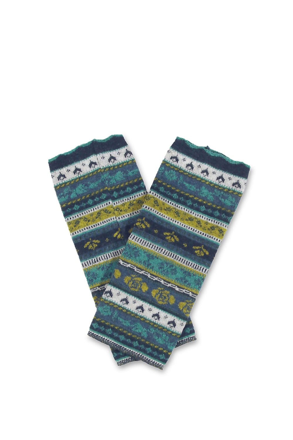 Paar blau grün gemusterte Beinstulpen aus bio Wolle (kbT), Freisteller