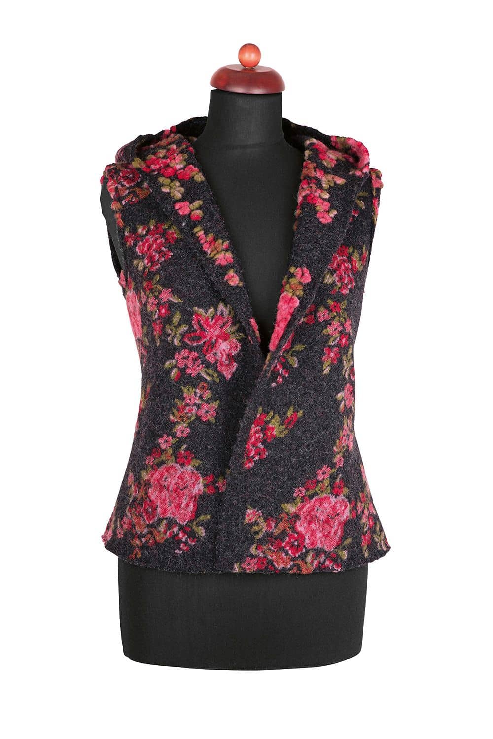 Finkhof Musterwalk Strickstoff Rose anthrazit-rot Schurwolle und Bio-Baumwolle, Ansicht mit Nähpuppe und Beispielweste