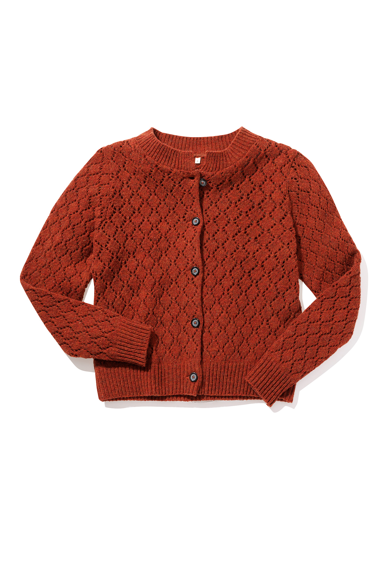 rot orange Damenstrickjacke mit Ajourmuster aus Bio-Wolle (kbT) vom Finkhof, Freisteller