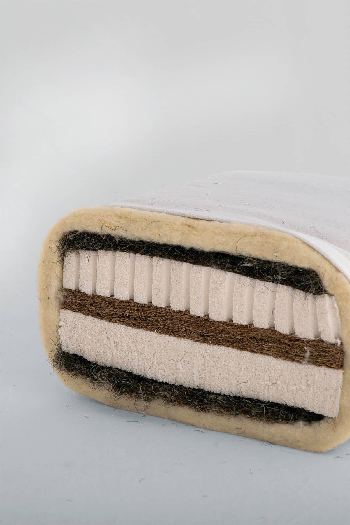 Querschnitt 7-Schichten Finkhof Matratze 140x200cm aus Rosshaar,bio Wolle(kbT),Baumwolle(kbA),latex. Kokos,Naturk. und Niem