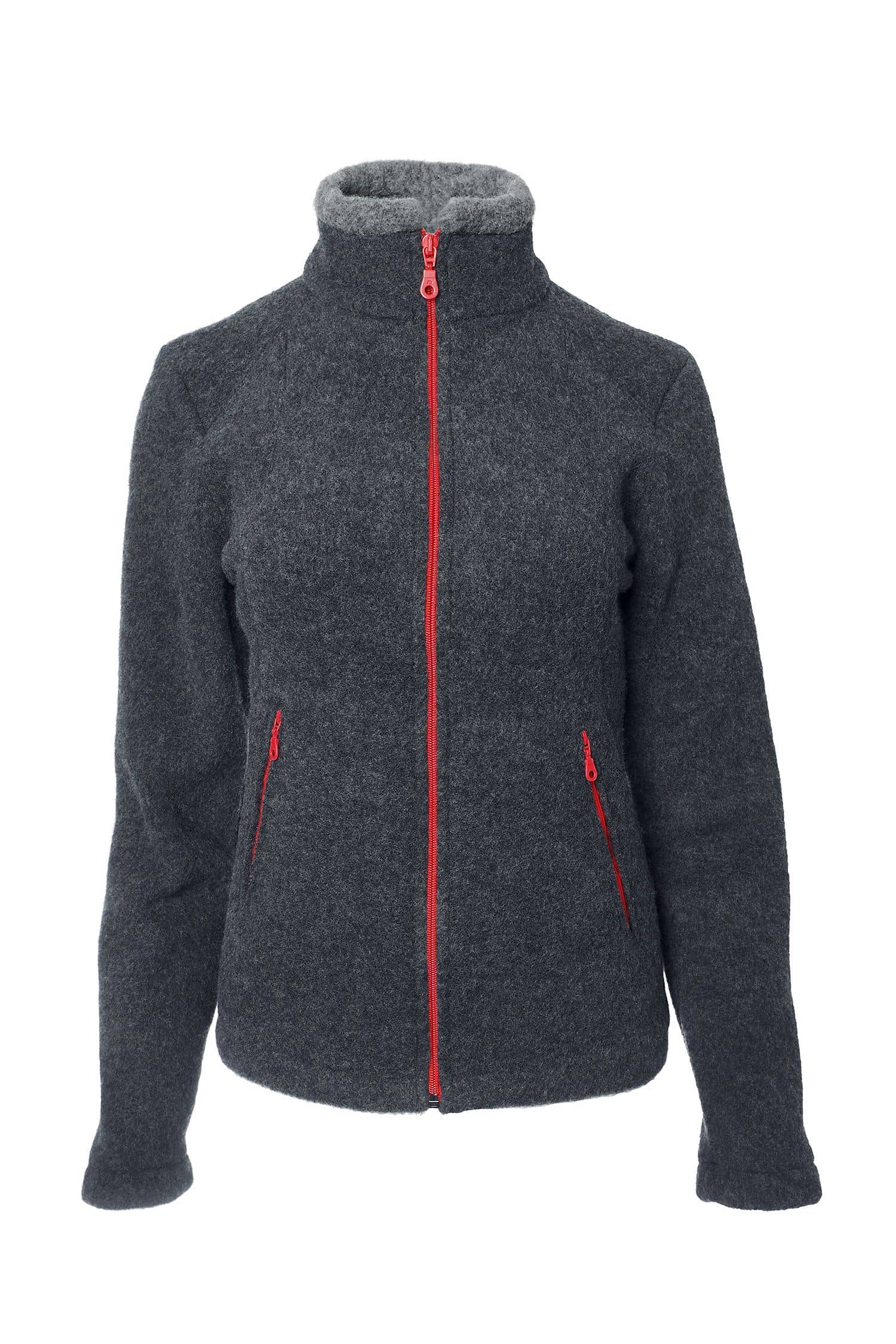 dunkelgraue Wollfleece Jacke mit pinken Reißverschlüssen aus bio Wolle (kbT), Freisteller