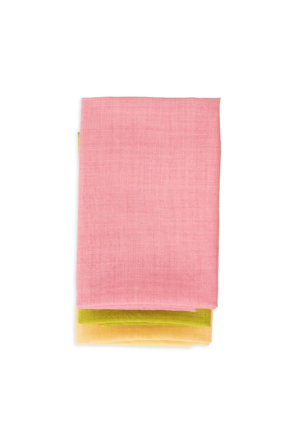 zusammengelegte pflanzengefärbte Spieltücher aus bio Wolle in grün, gelb und rosa
