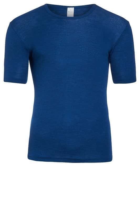 dunkelblaues Kurzarmshirt aus bio Wolle (kbT) und Seide für Herren, Freisteller von vorne