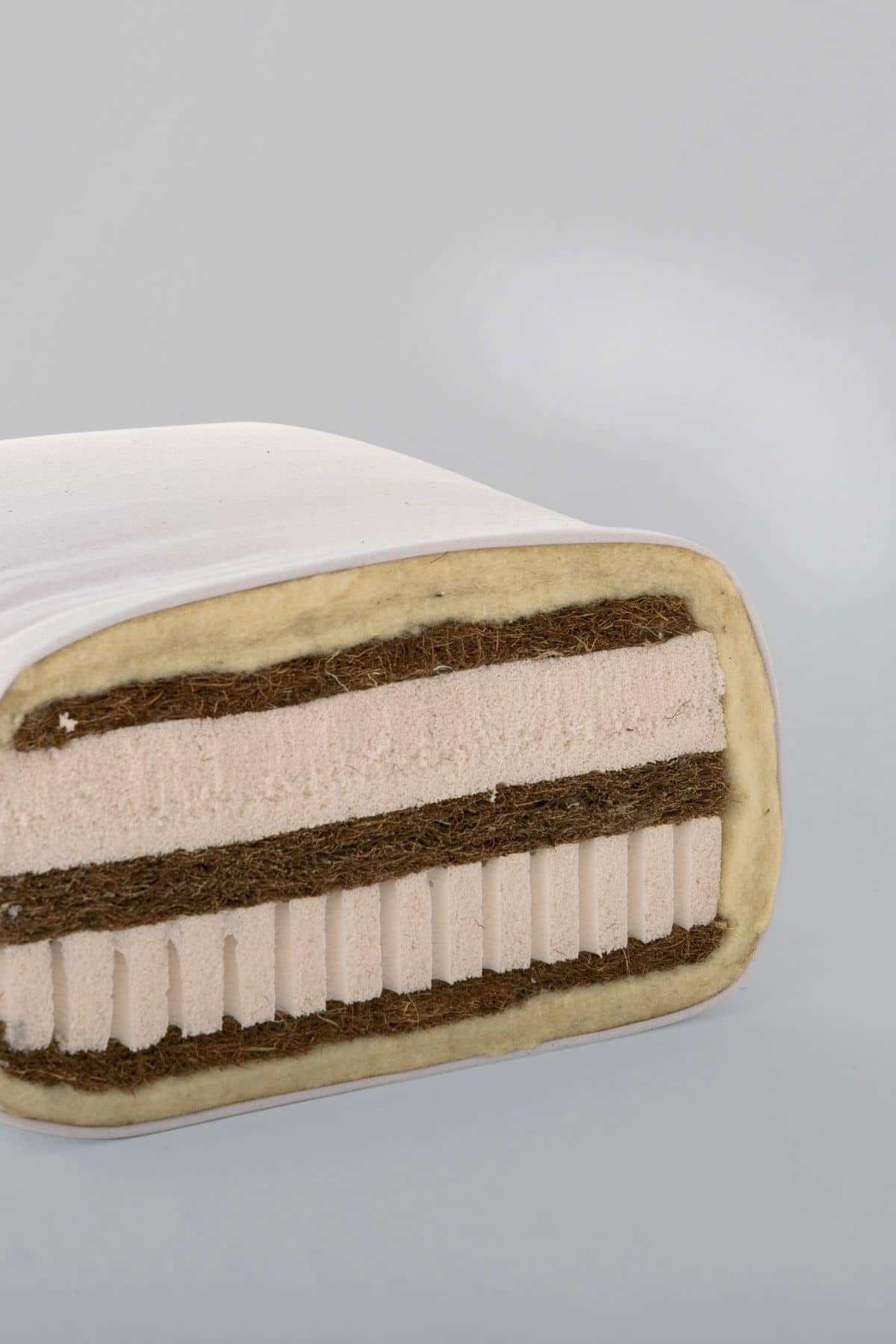 7-Schichten-Matratze Kokos, mittel bis fest Querschnitt von der Finkhof 7-Schichten-Matratze aus bio Wolle (kbT), Kokos, Naturkautschuk, bio Baumwolle (kbA)