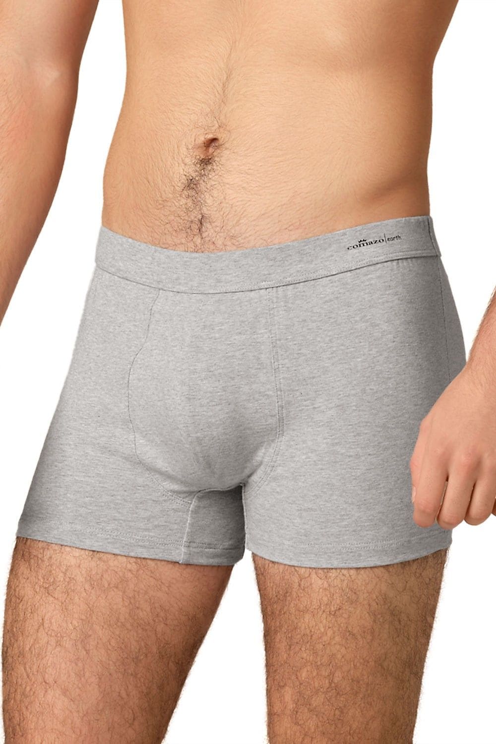 Frontansicht von Model mit hellgraumelierter Boxershorts aus bio Baumwolle (kbA) und Elasthan