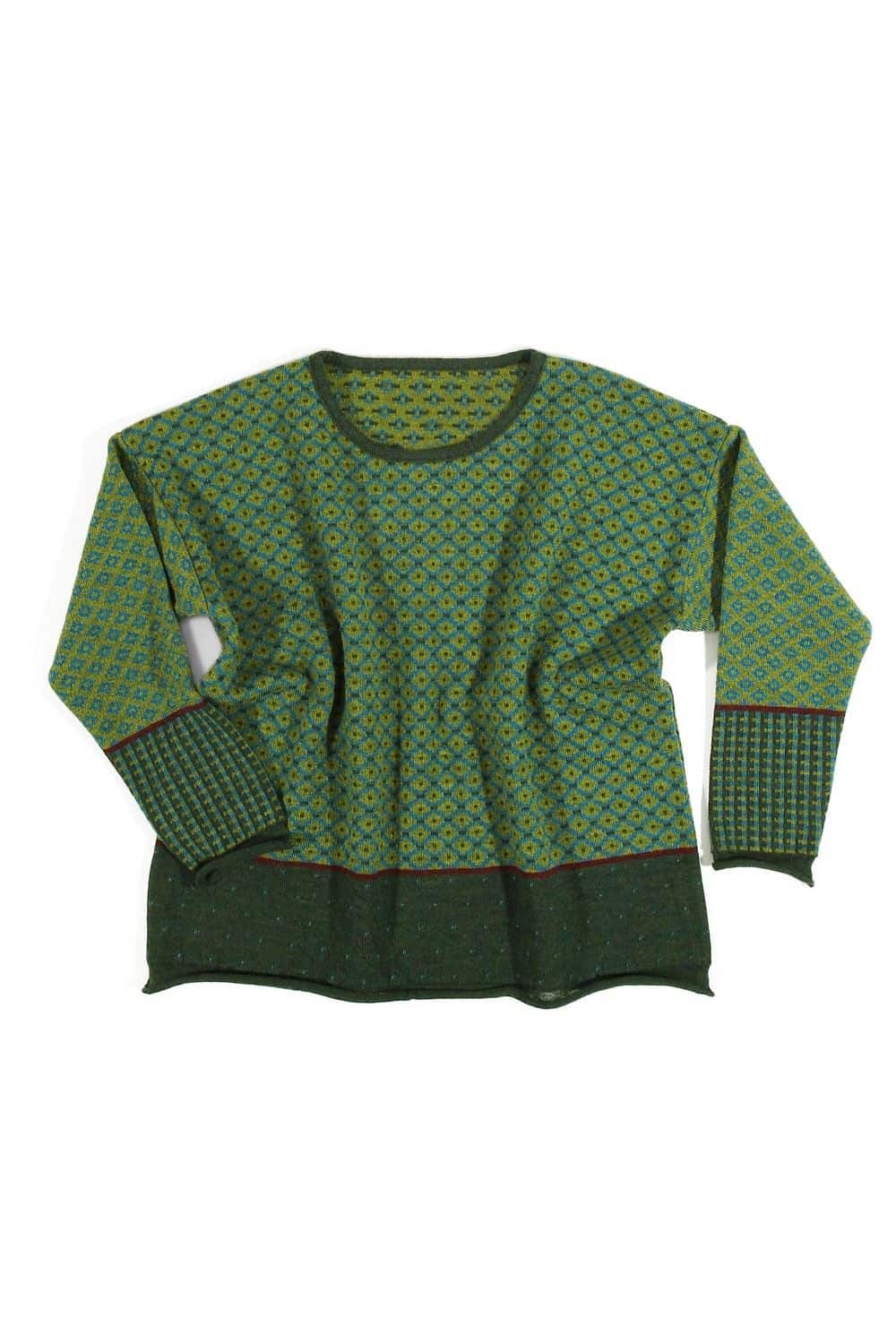 grün türkis gemusterter Pulli Vroni aus bio Wolle (kbT), Freisteller