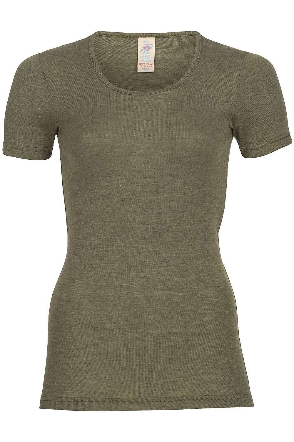 olivegrünes Kurzarmshirt für Damen aus bio Wolle (kbT) und Seide, Freisteller
