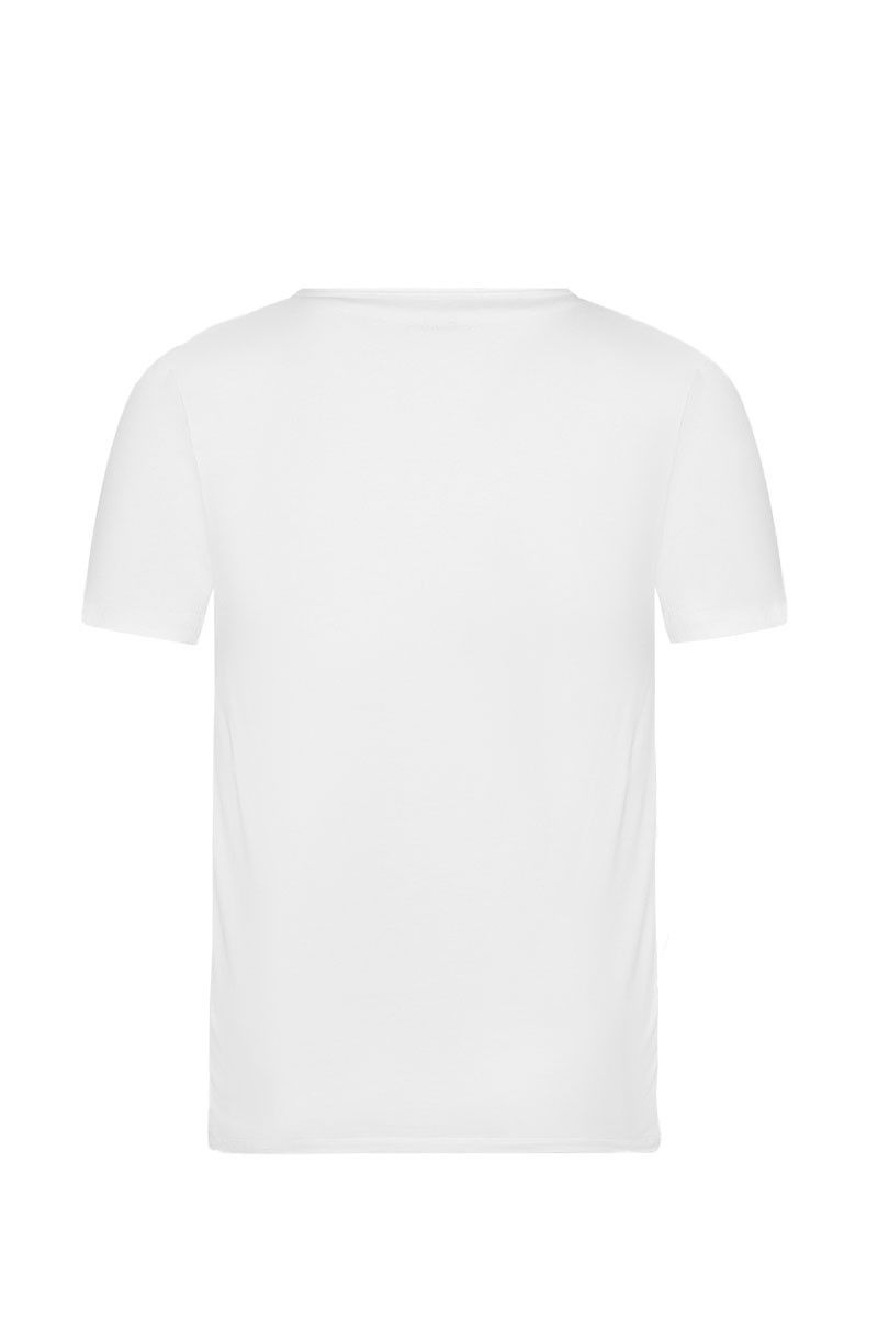 weißes Kurzarmshirt aus bio Baumwolle (kbA) und Elasthan mit V Ausschnitt, Freisteller von hinten