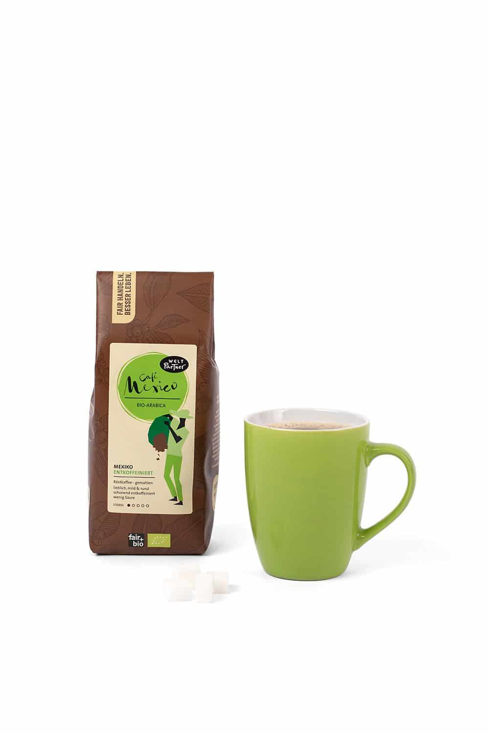 Cafe Mexico koffeinfrei 250 g koffeinfreier Cafe Mexico von WeltPartner in braun grünem 250g Beutel mit grüner Tasse auf der rechten Seite
