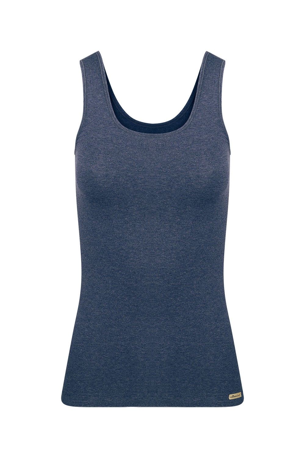 marineblaues Unterhemd mit breiten Trägern aus bio Baumwolle (kbA) und Elasthan, Freisteller von vorne