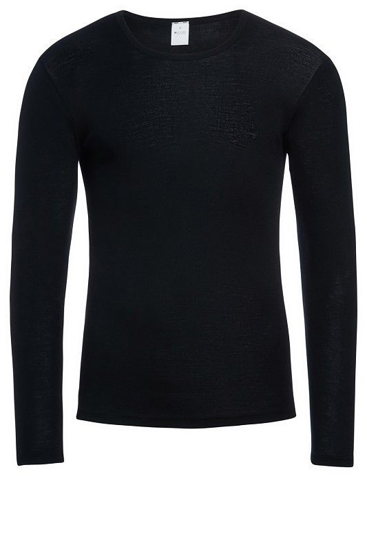 schwarzes Langarmhemd aus bio Wolle (kbT) und Seide für Herren, Freisteller von vorne