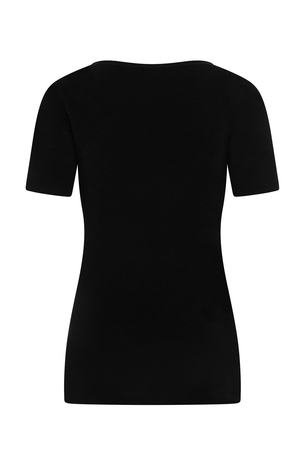 schwarzes Kurzamrshirt aus bio Baumwolle (kbA) und Elasthan mit Rundhalsausschnitt, Freisteller von hinten