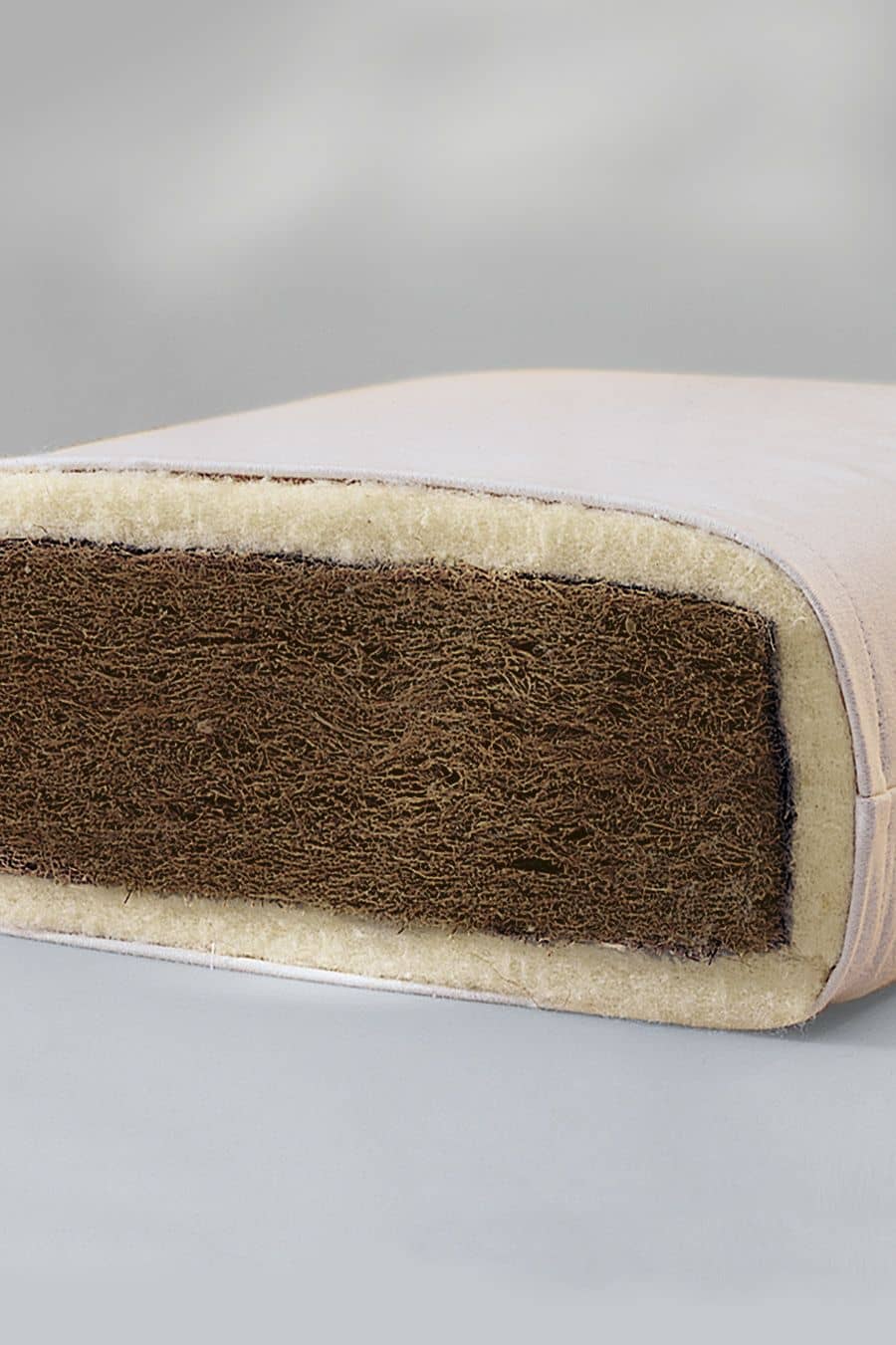 Matratze mit latexiertem Kokos & Schurwolle (kbT), fest Querschnitt von Finkhof Matratze aus latexiertem Kokos, bio Wolle (kbT), bio Baumwolle (kbA)