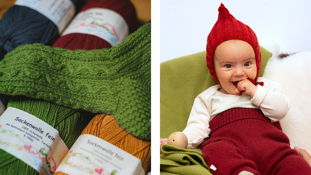 Gestrickte Socken aus grüner Finkhof Bio-Sockenwolle und Zwergenkind