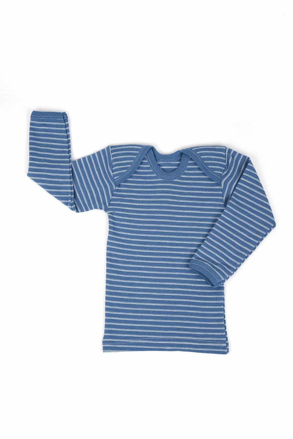 blau weiß geringeltes langarm Wollhemd aus bio Wolle (kbT), Freisteller kleine Größen