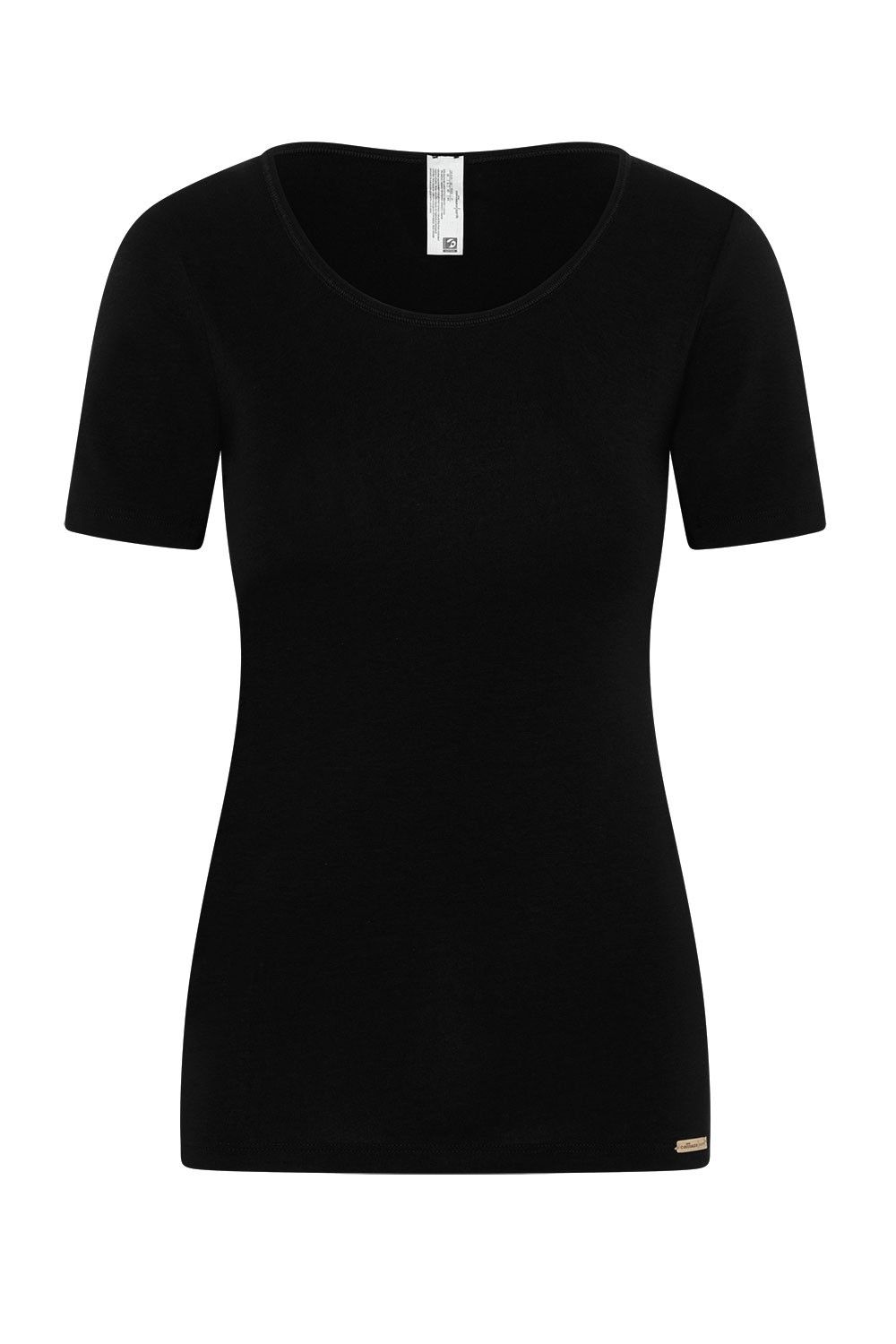 schwarzes Kurzamrshirt aus bio Baumwolle (kbA) und Elasthan mit Rundhalsausschnitt, Freisteller von vorne