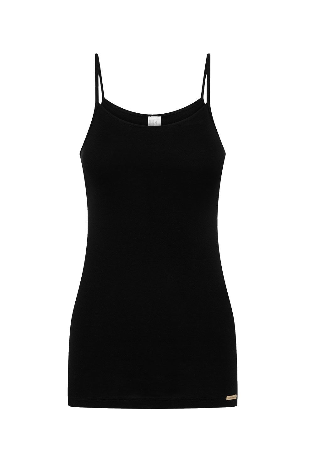 schwarzes Unterhemd mit Spaghettiträgern aus bio Baumwolle (kbA), Freisteller von vorne