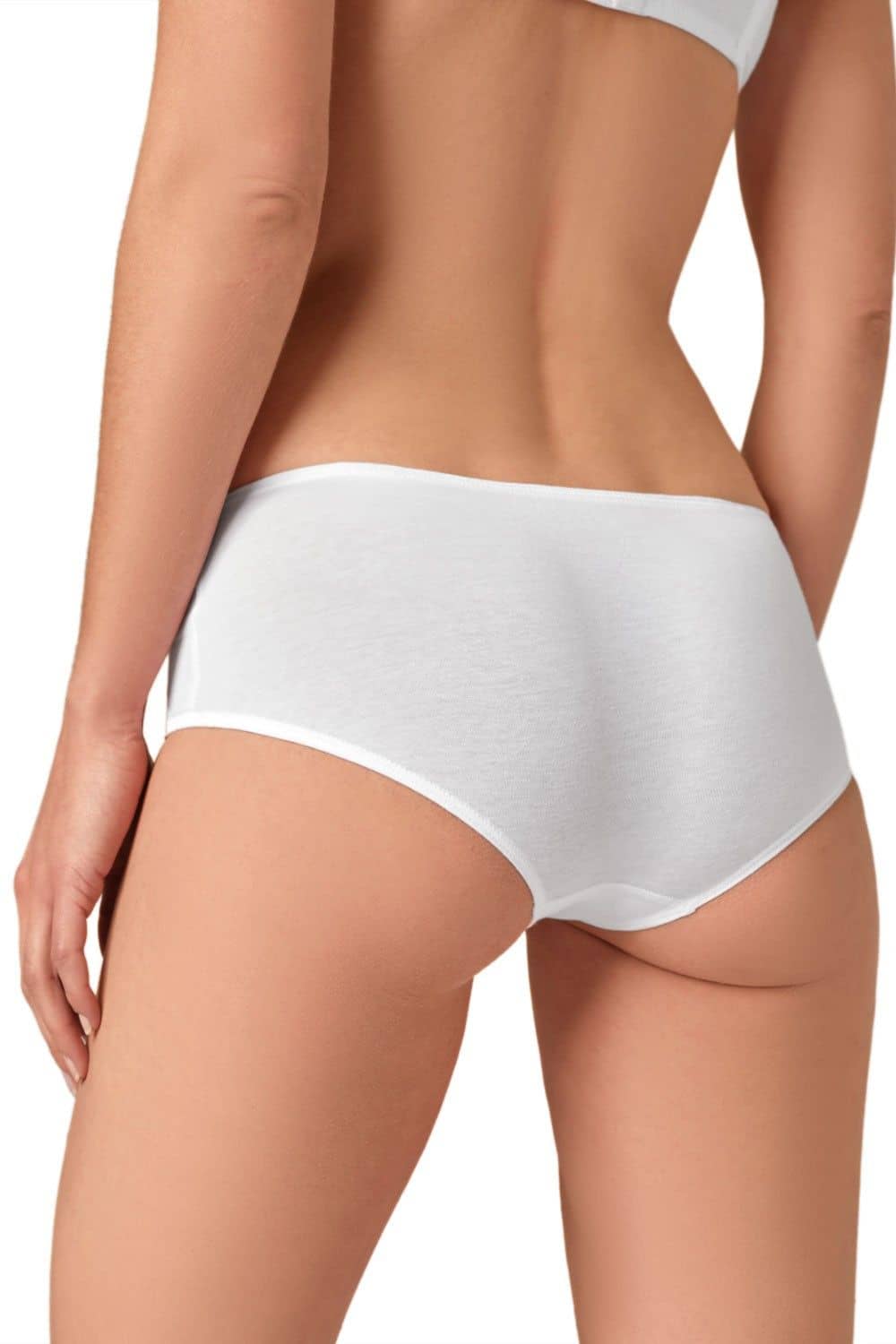 Rückansicht von Model mit weißer Damenpanty aus bio Baumwolle (kbA) und Elasthan