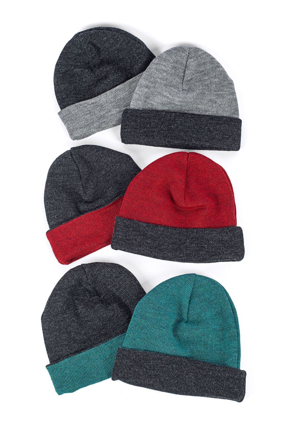 Wendemütze sechs Finkhof Wendemützen aus bio Wolle (kbT) in allen 3 Farben normal und gewendet auf weißem Untergrund