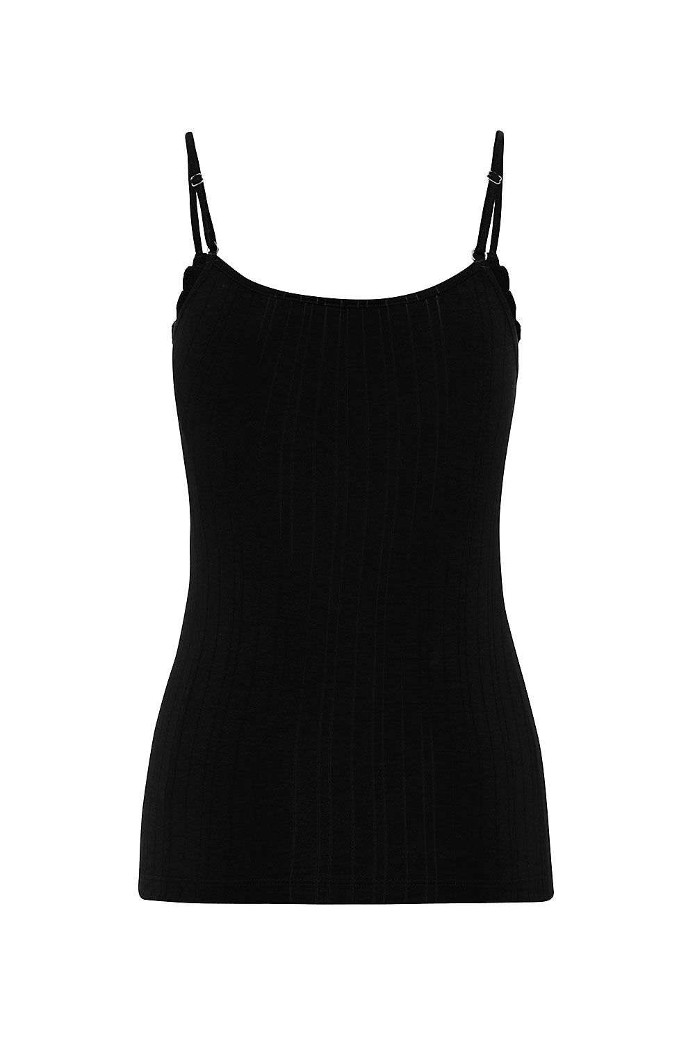 schwarzes Damen Top mit Spitze und Spaghettiträgern aus bio Baumwolle (kbA) und Elasthan, Freisteller von hinten