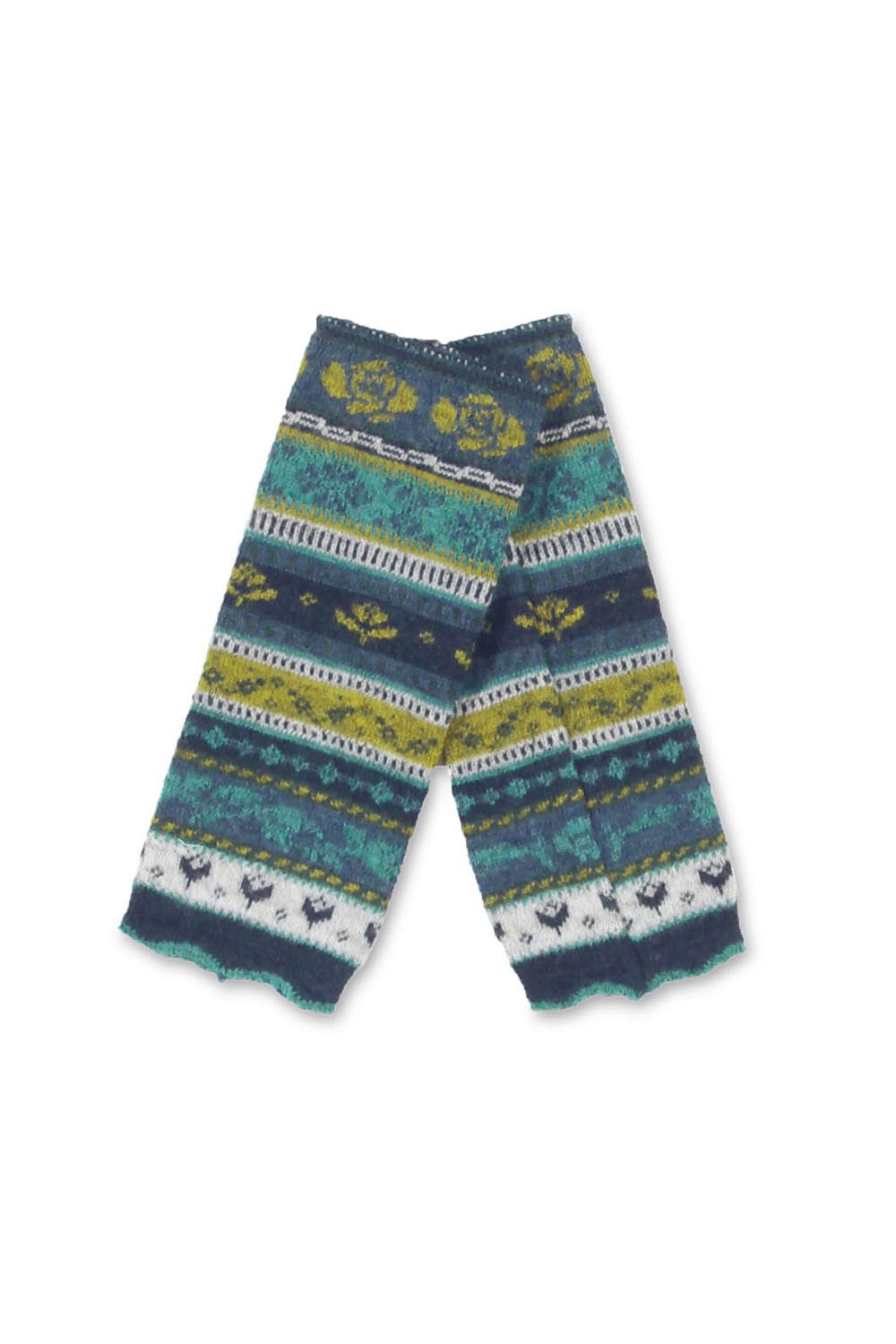 ein Paar blau grün gemusterte Armstulpen aus bio Wolle (kbT), Freisteller