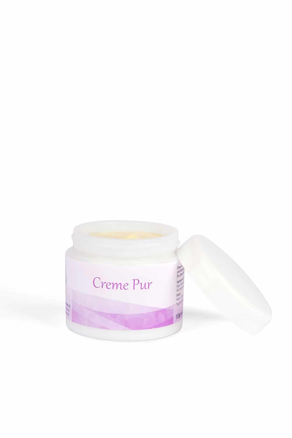 Creme Pur 100 ml im offenen Glastiegel vom Finkhof – Naturkosmetik mit Wollwachs & Olivenöl, Freisteller auf Weiß