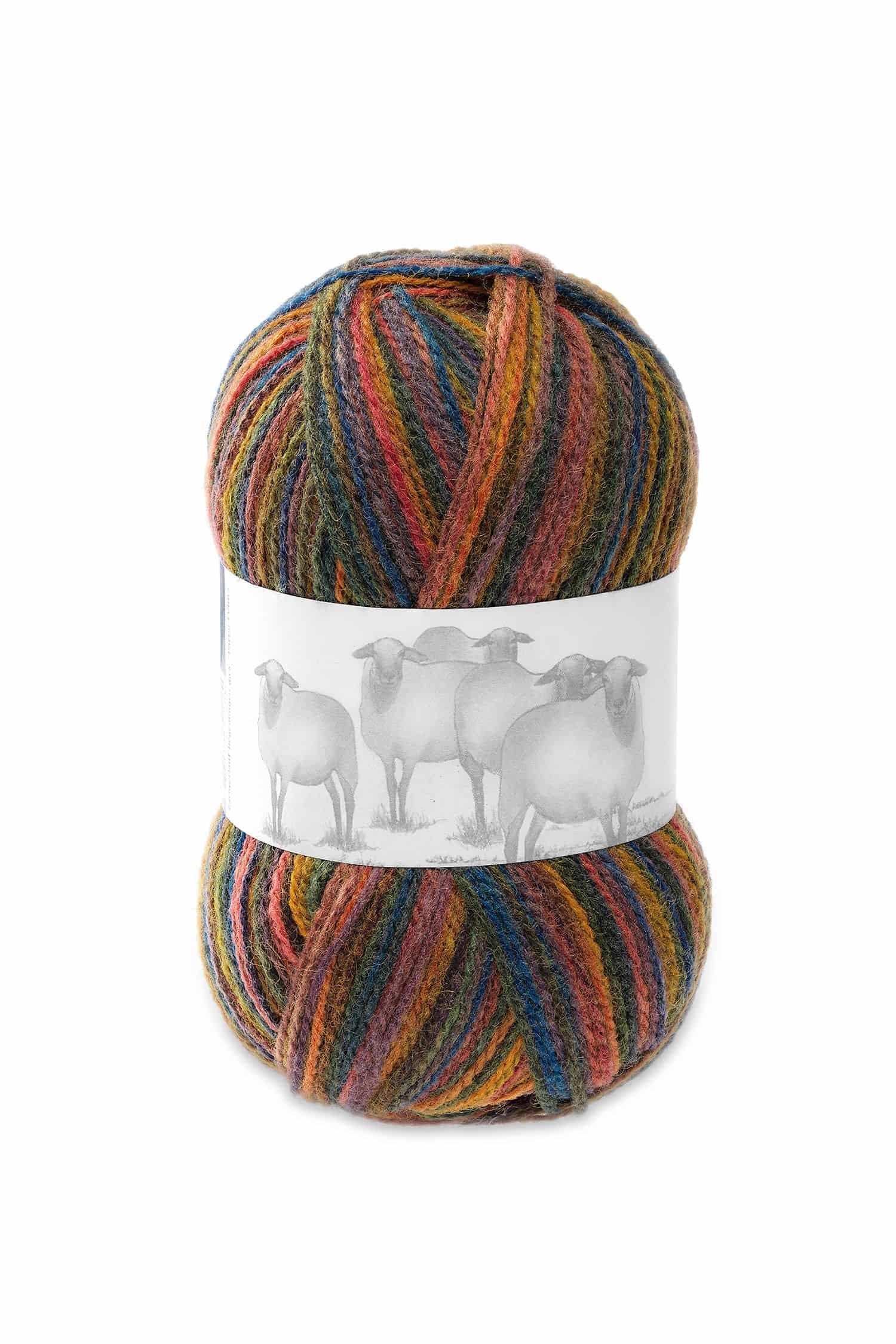 Knäul dünne Finkhof Merinowolle aus bio Wolle (kbT) mit buntem Regenbogenfarbverlauf und Banderole, Freisteller
