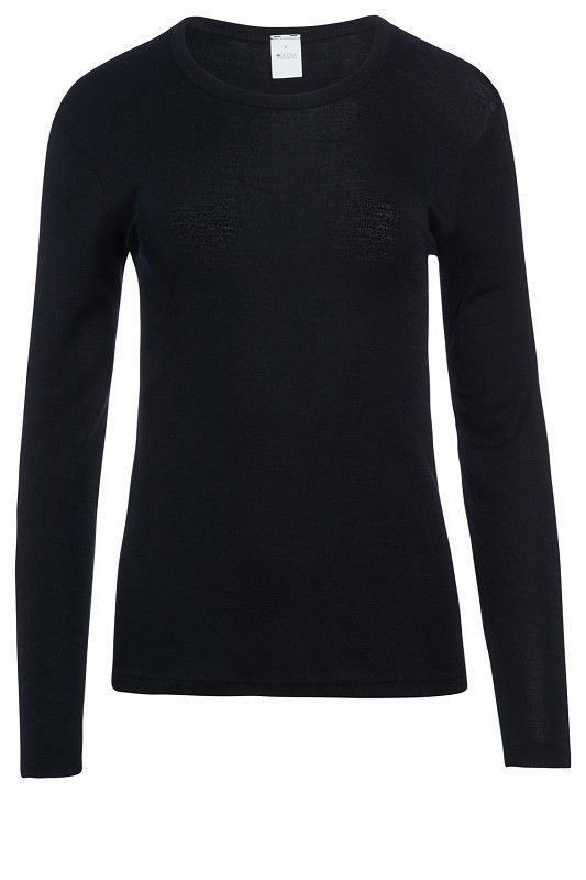 schwarzes Langarmhemd aus bio Wolle (kbT) und Seide für Frauen, Freisteller von vorne