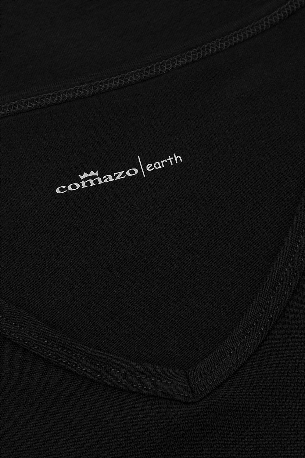 Detailaufnahme vom Druck des Firmennamen auf schwarzem Kurzarmshirt aus bio Baumwolle (kbA) und Elasthan mit V Ausschnitt