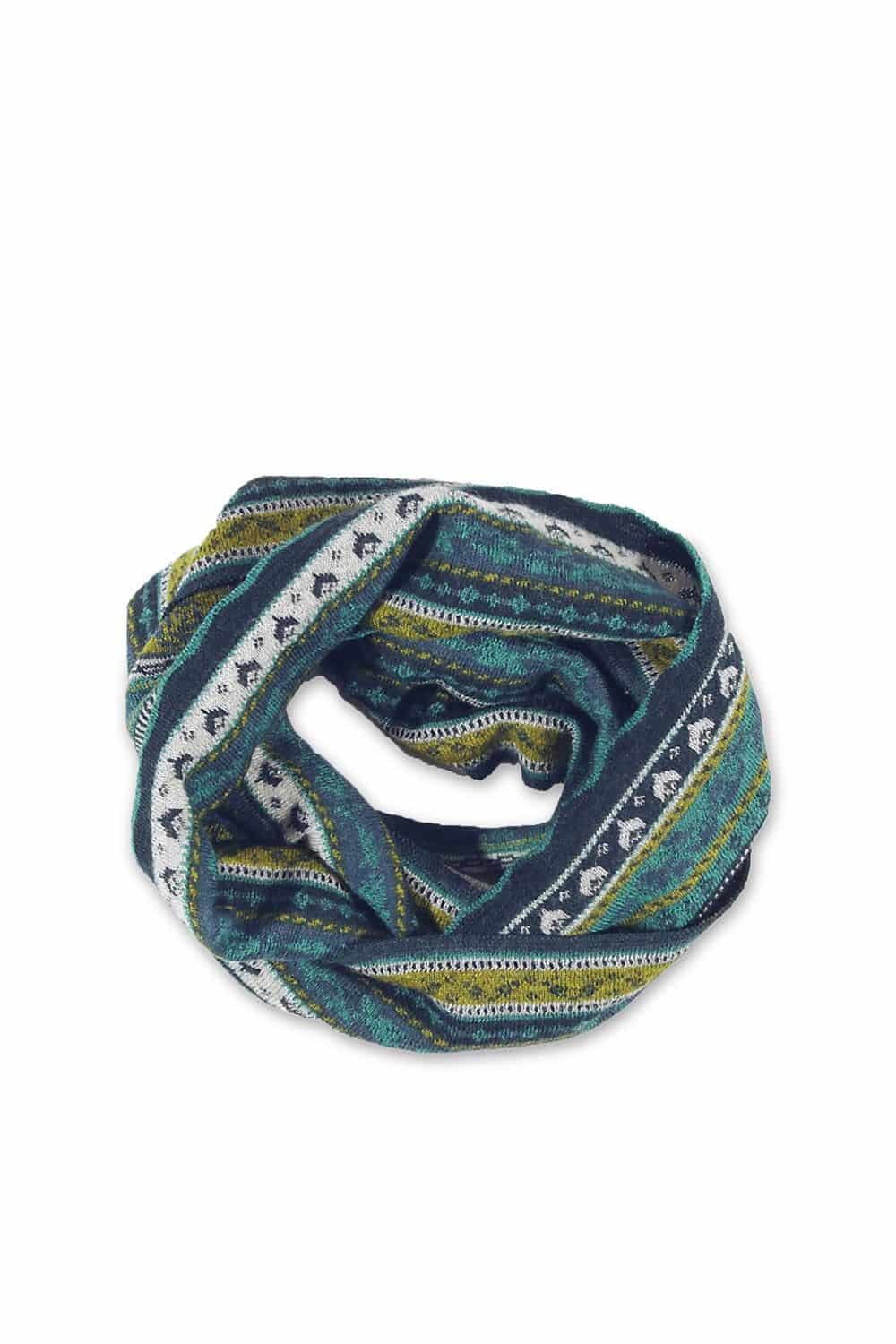 blau grün gemusterter Loopschal aus bio Wolle (kbT) als Kreis gelegt, Freisteller