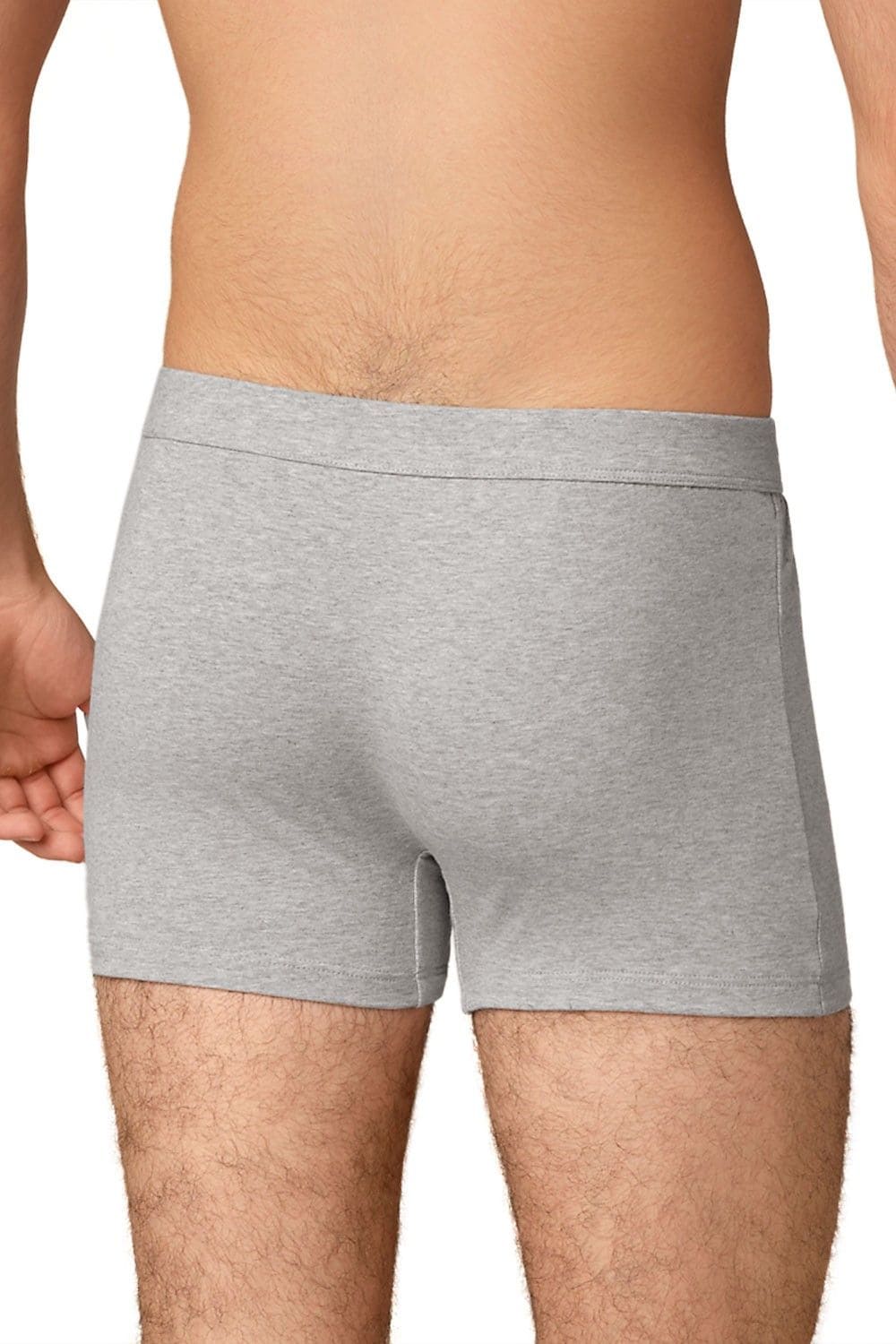 Rückansicht von Model mit hellgraumelierter Boxershorts aus bio Baumwolle (kbA) und Elasthan