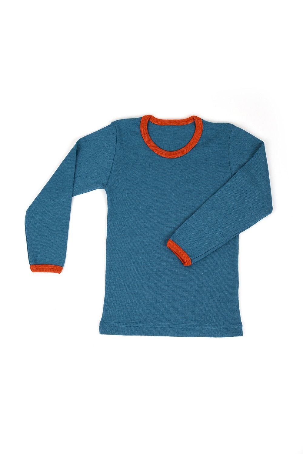 türkises Langarmshirt mit orangem Kragen aus bio Wolle (kbT) und Seide, Freisteller