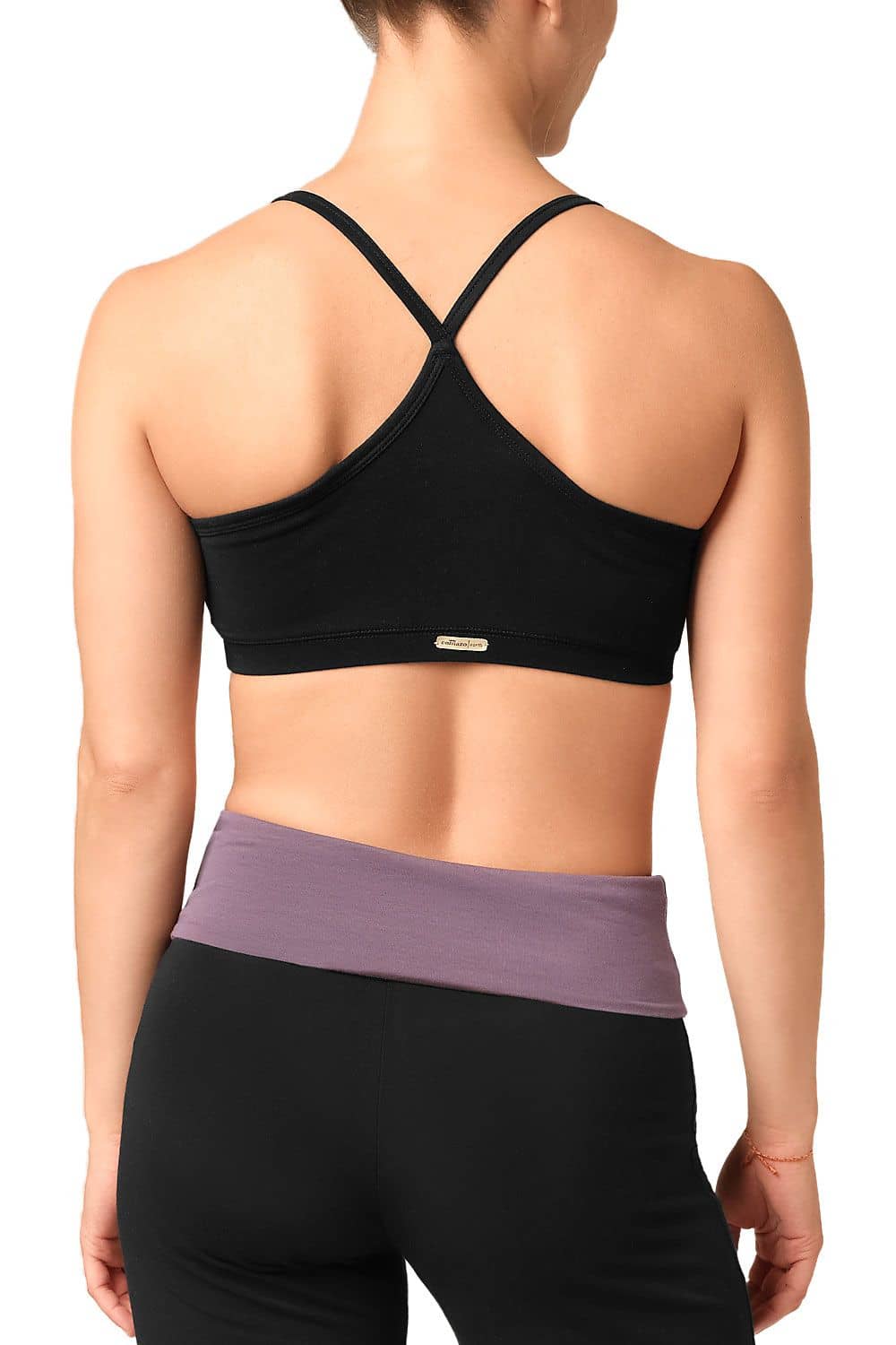 schwarzer Sportbustier aus bio Baumwolle (kbA) und Elasthan, getragen von hinten