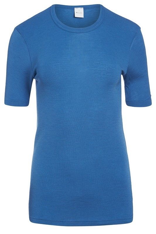 blaues kurzärmeliges Wollhemd aus bio Wolle (kbT), Freisteller von vorne Damen