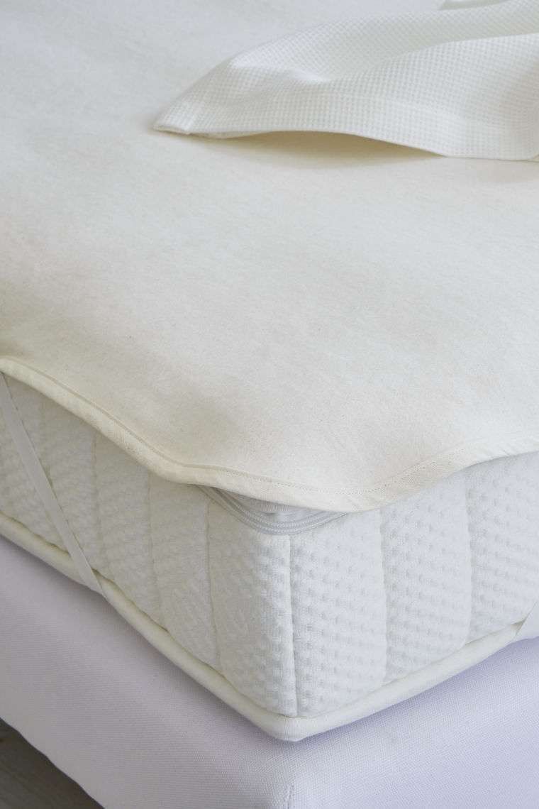 Nahaufnahme von der Ecke einer Matratze auf der ein weiße Moltonauflage aus bio Baumwolle (kbA) mit 160x200cm liegt