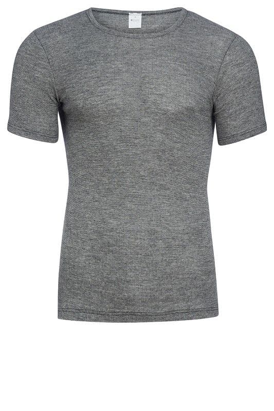 graues kurzarm Unterhemd für Mann und Frau aus bio Baumwolle (kbA), bio Wolle (kbT) und Seide, Freisteller von vorne Herren