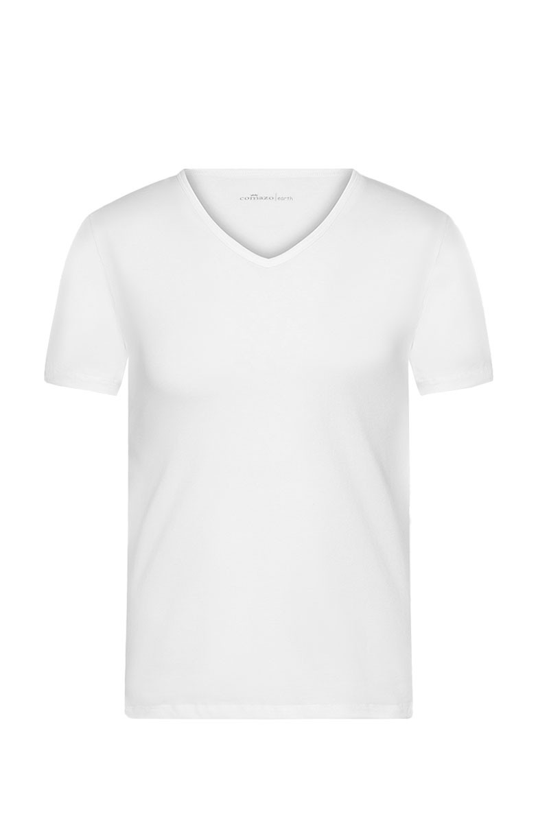 weißes Kurzarmshirt aus bio Baumwolle (kbA) und Elasthan mit V Ausschnitt, Freisteller von vorne