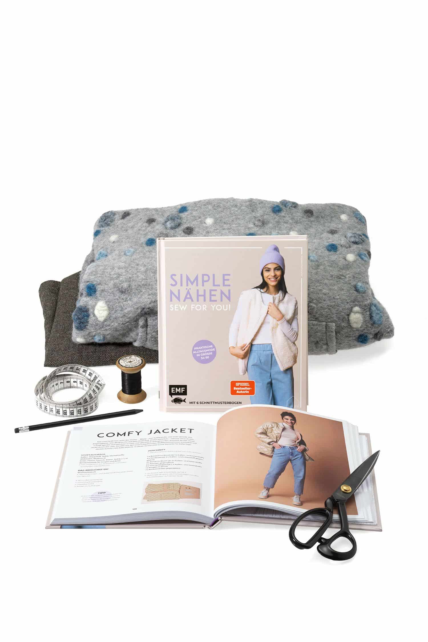 simple NÄHEN – Sew for you! Praktische Alltagsmode in Größe 34–50 Buch ,,simple NÄHEN – Sew for you! Praktische Alltagsmode in Größe 34–50" mit Stoffen und Nähutensilien