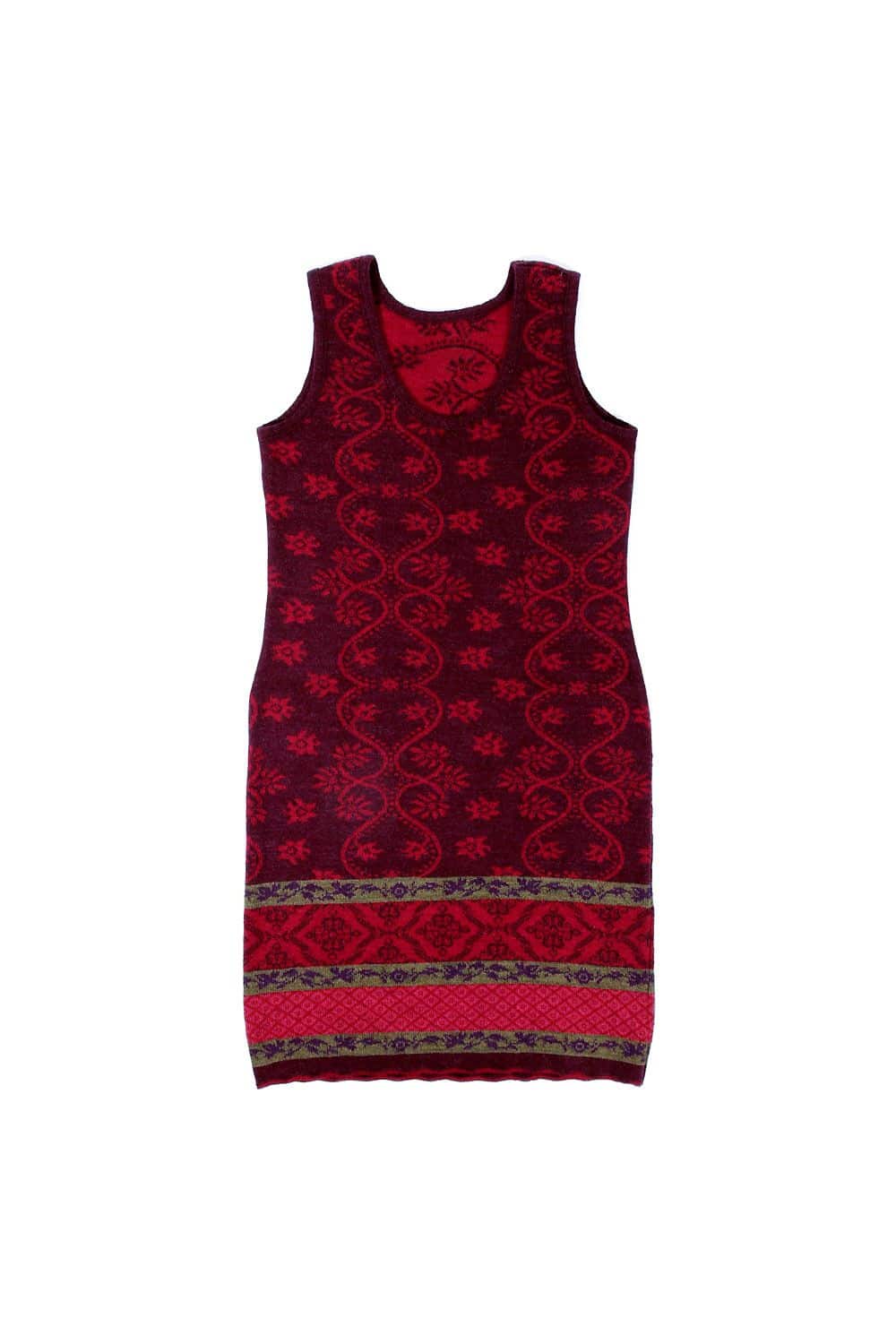 burgunderfarbenes Trägerkleid mit Muster und Rundhalsausschnitt aus bio Wolle (kbT), Freisteller