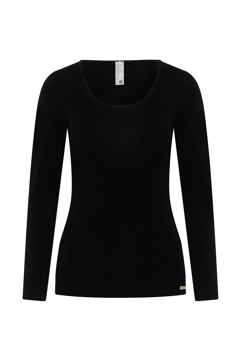schwarzes Langarmshirt aus bio Baumwolle (kbA) und Elasthan, Freisteller von vorne