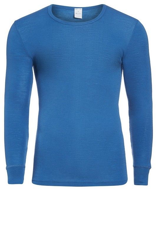 blaues langärmliges Wollshirt aus bio Wolle (kbT), Freisteller von vorne Herren