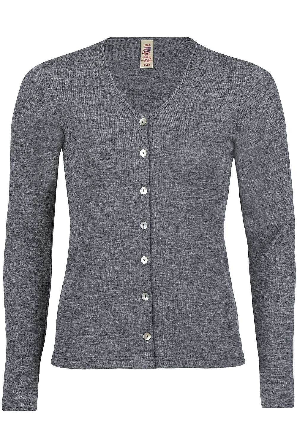 grauer Cardigan aus bio Wolle (kbT) mit Knopfleiste, Freisteller von vorne