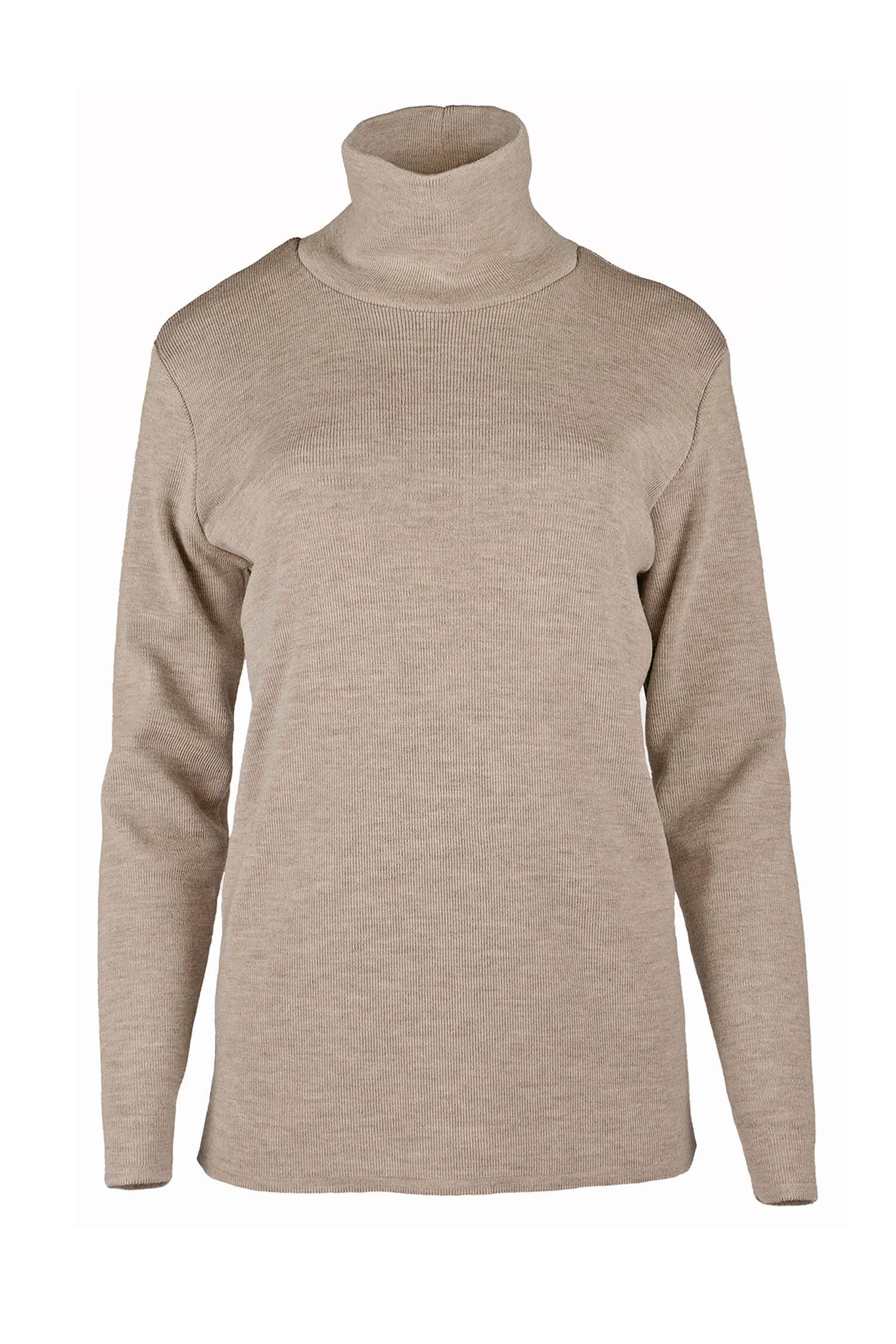 hellbrauner Rollkragenpullover aus bio Merinowolle (kbT) vom Finhof, Freisteller