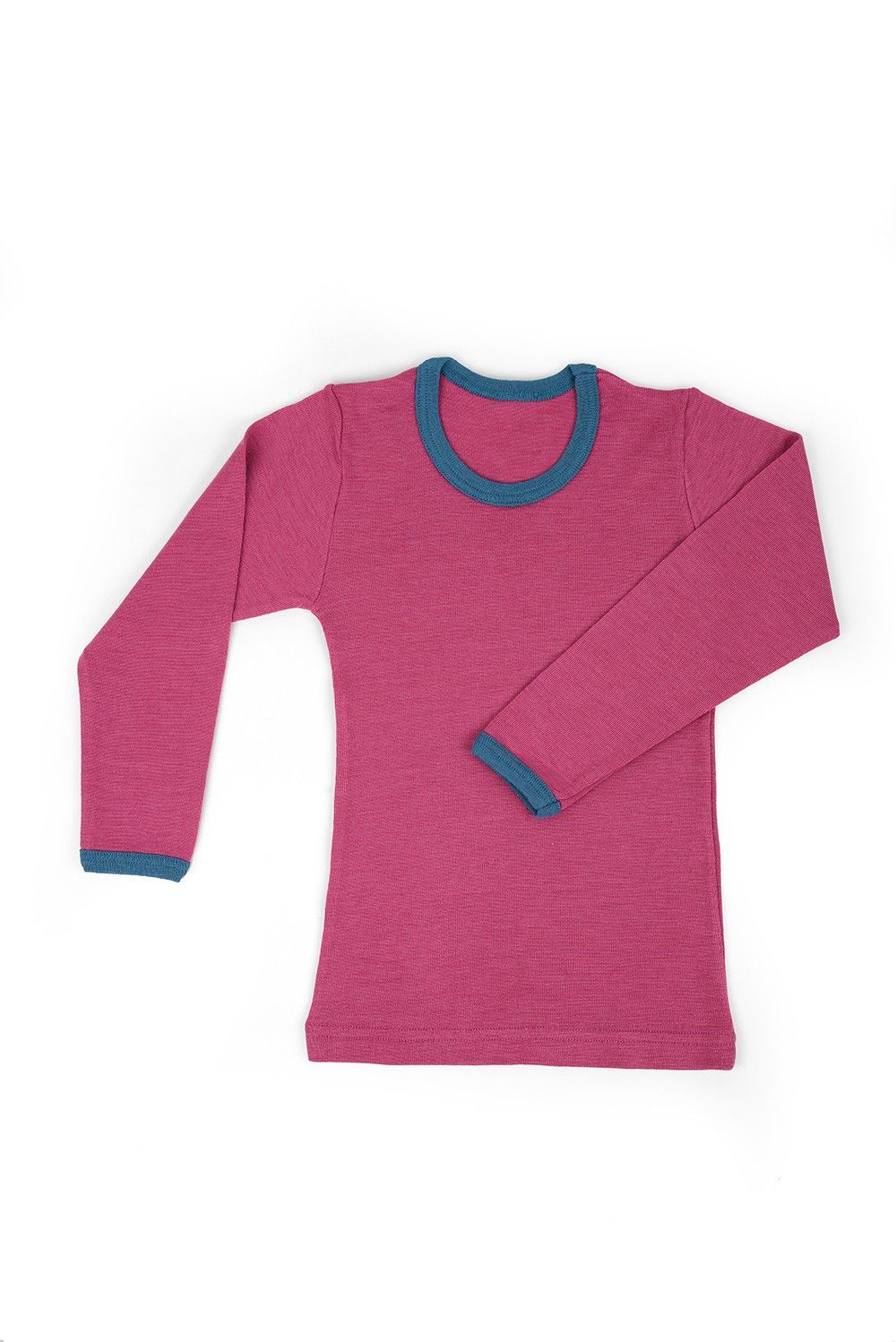 pinkes Langarmshirt mit türkisem Kragen aus bio Wolle (kbT) und Seide, Freisteller